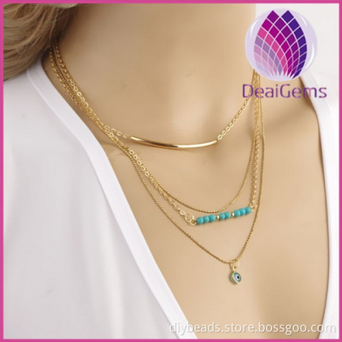 Fashion Multilayer gold plated alloy thin neclace with turquoise beads and evil eye
